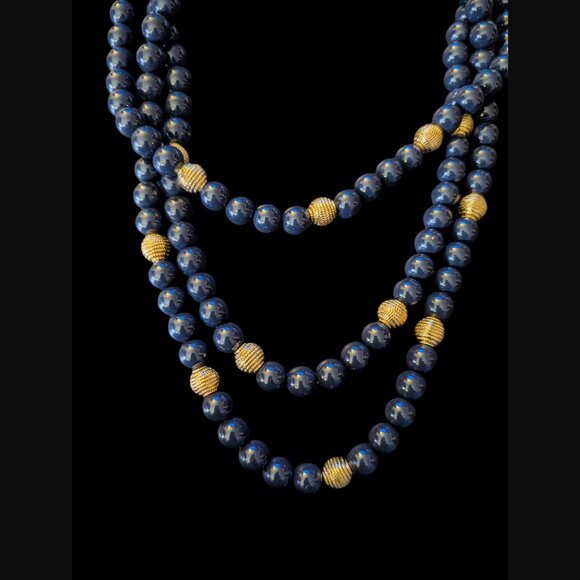 Talbots Gold Tone Dark Blue Gray Triple Layered Chunky Statement Necklace - Picture 3 of 10